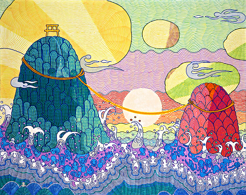 View larger image.Oil Painting 15 canvas painting Couple rocks Landscape Rocks Sea Waves Wind No War No Racial discrimination by Japanese Artist Fumihiro Kato